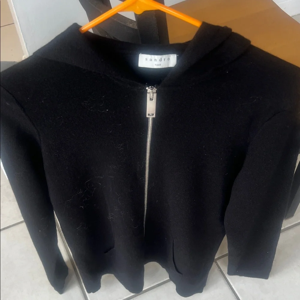 Sandro Black Hooded Jacket with Zip - Picture 2 of 2